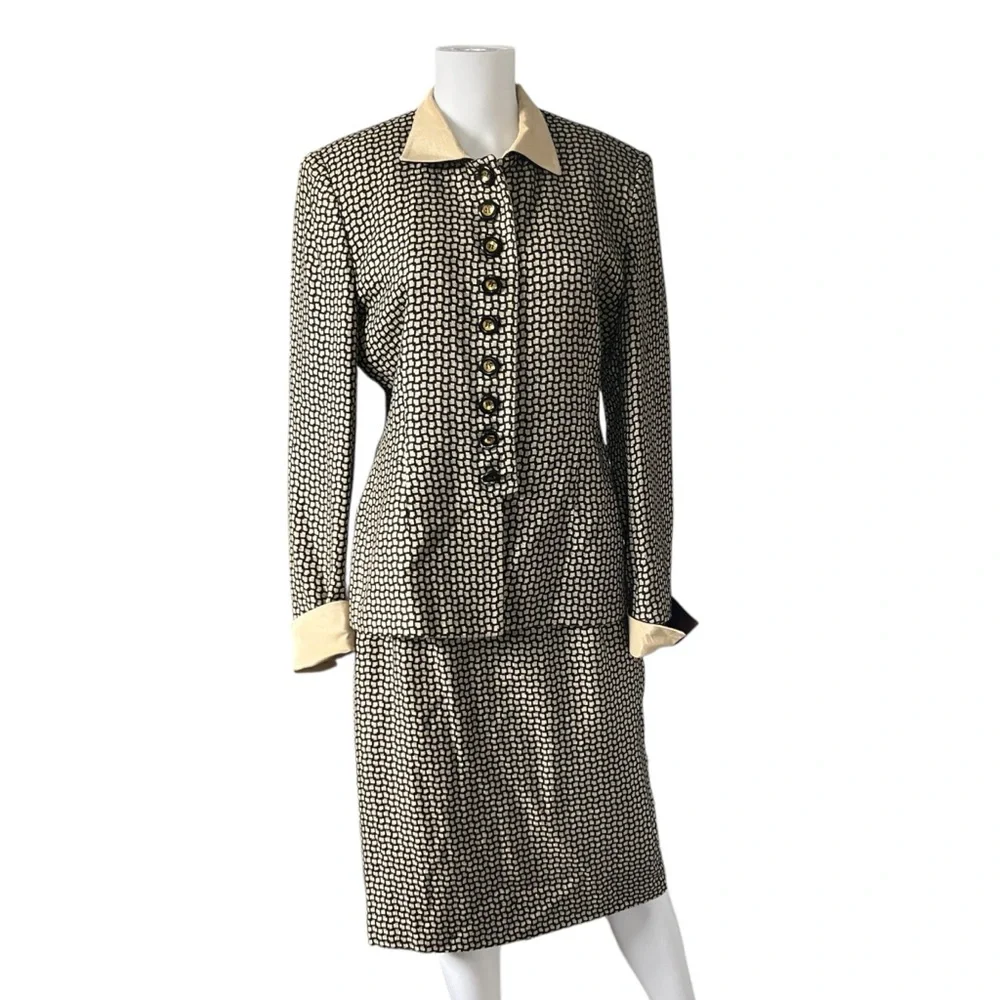 Christian Dior 1990s Black and Cream Woven Check Skirt Suit Set Size 12